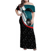 Personalised Aotearoa Lawn Bowls Family Matching Off Shoulder Maxi Dress and Hawaiian Shirt Maori and Silver Fern Sporty Style Teal Color - Polynesian Pride