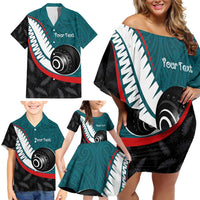 Personalised Aotearoa Lawn Bowls Family Matching Off Shoulder Short Dress and Hawaiian Shirt Maori and Silver Fern Sporty Style Teal Color - Polynesian Pride