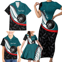 Personalised Aotearoa Lawn Bowls Family Matching Short Sleeve Bodycon Dress and Hawaiian Shirt Maori and Silver Fern Sporty Style Teal Color - Polynesian Pride
