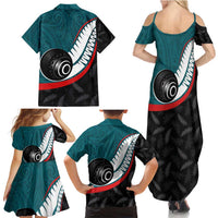 Personalised Aotearoa Lawn Bowls Family Matching Summer Maxi Dress and Hawaiian Shirt Maori and Silver Fern Sporty Style Teal Color - Polynesian Pride