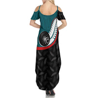 Personalised Aotearoa Lawn Bowls Family Matching Summer Maxi Dress and Hawaiian Shirt Maori and Silver Fern Sporty Style Teal Color - Polynesian Pride