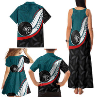 Personalised Aotearoa Lawn Bowls Family Matching Tank Maxi Dress and Hawaiian Shirt Maori and Silver Fern Sporty Style Teal Color - Polynesian Pride