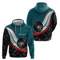 Personalised Aotearoa Lawn Bowls Hoodie Maori and Silver Fern Sporty Style Teal Color - Polynesian Pride