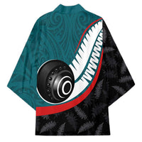 Personalised Aotearoa Lawn Bowls Kimono Maori and Silver Fern Sporty Style Teal Color - Polynesian Pride