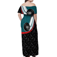 Personalised Aotearoa Lawn Bowls Off Shoulder Maxi Dress Maori and Silver Fern Sporty Style Teal Color - Polynesian Pride