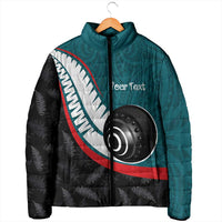 Personalised Aotearoa Lawn Bowls Padded Jacket Maori and Silver Fern Sporty Style Teal Color - Polynesian Pride