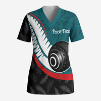 Personalised Aotearoa Lawn Bowls Scrub Top Maori and Silver Fern Sporty Style Teal Color - Polynesian Pride