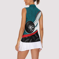 Personalised Aotearoa Lawn Bowls Women Sleeveless Polo Shirt Maori and Silver Fern Sporty Style Teal Color - Polynesian Pride