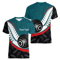 Personalised Aotearoa Lawn Bowls Women V-Neck T-Shirt Maori and Silver Fern Sporty Style Teal Color - Polynesian Pride