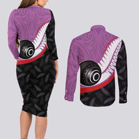 Personalised Aotearoa Lawn Bowls Couples Matching Long Sleeve Bodycon Dress and Long Sleeve Button Shirt Maori and Silver Fern Sporty Style Pink Color - Polynesian Pride