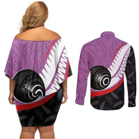 Personalised Aotearoa Lawn Bowls Couples Matching Off Shoulder Short Dress and Long Sleeve Button Shirt Maori and Silver Fern Sporty Style Pink Color - Polynesian Pride