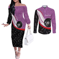 Personalised Aotearoa Lawn Bowls Couples Matching Off The Shoulder Long Sleeve Dress and Long Sleeve Button Shirt Maori and Silver Fern Sporty Style Pink Color - Polynesian Pride