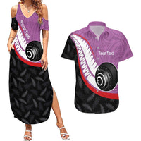 Personalised Aotearoa Lawn Bowls Couples Matching Summer Maxi Dress and Hawaiian Shirt Maori and Silver Fern Sporty Style Pink Color - Polynesian Pride