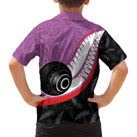 Personalised Aotearoa Lawn Bowls Family Matching Off The Shoulder Long Sleeve Dress and Hawaiian Shirt Maori and Silver Fern Sporty Style Pink Color - Polynesian Pride