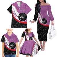 Personalised Aotearoa Lawn Bowls Family Matching Off The Shoulder Long Sleeve Dress and Hawaiian Shirt Maori and Silver Fern Sporty Style Pink Color - Polynesian Pride
