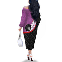 Personalised Aotearoa Lawn Bowls Family Matching Off The Shoulder Long Sleeve Dress and Hawaiian Shirt Maori and Silver Fern Sporty Style Pink Color - Polynesian Pride