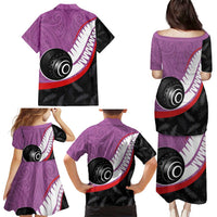 Personalised Aotearoa Lawn Bowls Family Matching Puletasi and Hawaiian Shirt Maori and Silver Fern Sporty Style Pink Color - Polynesian Pride