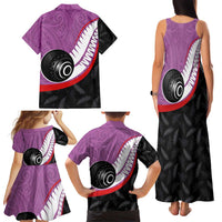 Personalised Aotearoa Lawn Bowls Family Matching Tank Maxi Dress and Hawaiian Shirt Maori and Silver Fern Sporty Style Pink Color - Polynesian Pride