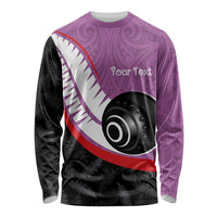 Personalised Aotearoa Lawn Bowls Long Sleeve Shirt Maori and Silver Fern Sporty Style Pink Color - Polynesian Pride