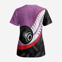 Personalised Aotearoa Lawn Bowls Scrub Top Maori and Silver Fern Sporty Style Pink Color - Polynesian Pride