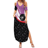 Personalised Aotearoa Lawn Bowls Summer Maxi Dress Maori and Silver Fern Sporty Style Pink Color - Polynesian Pride