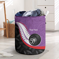 Personalised Aotearoa Lawn Bowls Laundry Basket Maori and Silver Fern Sporty Style Purple Color - Polynesian Pride