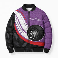 Personalised Aotearoa Lawn Bowls Bomber Puffer Jacket Maori and Silver Fern Sporty Style Purple Color - Polynesian Pride