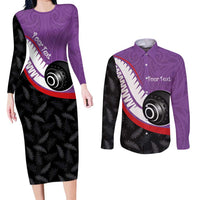 Personalised Aotearoa Lawn Bowls Couples Matching Long Sleeve Bodycon Dress and Long Sleeve Button Shirt Maori and Silver Fern Sporty Style Purple Color - Polynesian Pride
