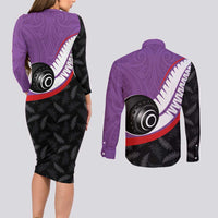 Personalised Aotearoa Lawn Bowls Couples Matching Long Sleeve Bodycon Dress and Long Sleeve Button Shirt Maori and Silver Fern Sporty Style Purple Color - Polynesian Pride
