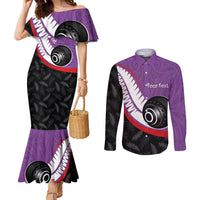 Personalised Aotearoa Lawn Bowls Couples Matching Mermaid Dress and Long Sleeve Button Shirt Maori and Silver Fern Sporty Style Purple Color - Polynesian Pride