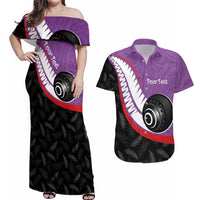 Personalised Aotearoa Lawn Bowls Couples Matching Off Shoulder Maxi Dress and Hawaiian Shirt Maori and Silver Fern Sporty Style Purple Color - Polynesian Pride