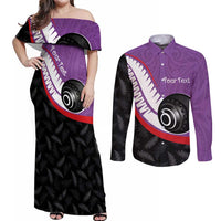 Personalised Aotearoa Lawn Bowls Couples Matching Off Shoulder Maxi Dress and Long Sleeve Button Shirt Maori and Silver Fern Sporty Style Purple Color - Polynesian Pride