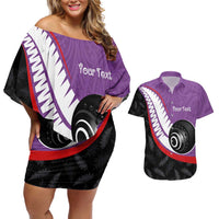 Personalised Aotearoa Lawn Bowls Couples Matching Off Shoulder Short Dress and Hawaiian Shirt Maori and Silver Fern Sporty Style Purple Color - Polynesian Pride