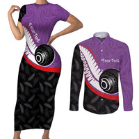 Personalised Aotearoa Lawn Bowls Couples Matching Short Sleeve Bodycon Dress and Long Sleeve Button Shirt Maori and Silver Fern Sporty Style Purple Color - Polynesian Pride