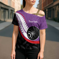 Personalised Aotearoa Lawn Bowls Cross Shoulder Shirt Maori and Silver Fern Sporty Style Purple Color - Polynesian Pride