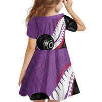 Personalised Aotearoa Lawn Bowls Family Matching Off Shoulder Short Dress and Hawaiian Shirt Maori and Silver Fern Sporty Style Purple Color - Polynesian Pride