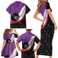 Personalised Aotearoa Lawn Bowls Family Matching Short Sleeve Bodycon Dress and Hawaiian Shirt Maori and Silver Fern Sporty Style Purple Color - Polynesian Pride