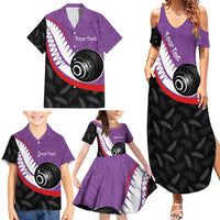Personalised Aotearoa Lawn Bowls Family Matching Summer Maxi Dress and Hawaiian Shirt Maori and Silver Fern Sporty Style Purple Color - Polynesian Pride