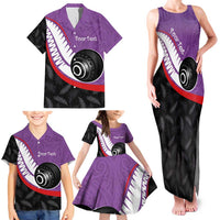 Personalised Aotearoa Lawn Bowls Family Matching Tank Maxi Dress and Hawaiian Shirt Maori and Silver Fern Sporty Style Purple Color - Polynesian Pride