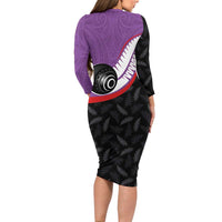 Personalised Aotearoa Lawn Bowls Long Sleeve Bodycon Dress Maori and Silver Fern Sporty Style Purple Color - Polynesian Pride