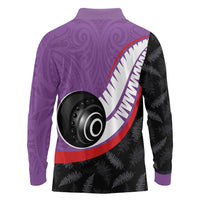 Personalised Aotearoa Lawn Bowls Long Sleeve Polo Shirt Maori and Silver Fern Sporty Style Purple Color - Polynesian Pride