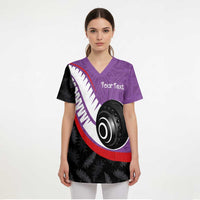 Personalised Aotearoa Lawn Bowls Scrub Top Maori and Silver Fern Sporty Style Purple Color - Polynesian Pride