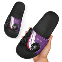 Personalised Aotearoa Lawn Bowls Slide Sandals Maori and Silver Fern Sporty Style Purple Color - Polynesian Pride