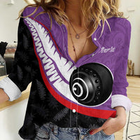 Personalised Aotearoa Lawn Bowls Women Casual Shirt Maori and Silver Fern Sporty Style Purple Color - Polynesian Pride
