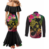 Hawaii Turtle Day Couples Matching Mermaid Dress and Long Sleeve Button Shirt Polynesian Tattoo and Hibiscus Flowers LT03 - Polynesian Pride