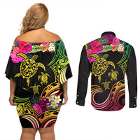 Hawaii Turtle Day Couples Matching Off Shoulder Short Dress and Long Sleeve Button Shirt Polynesian Tattoo and Hibiscus Flowers
