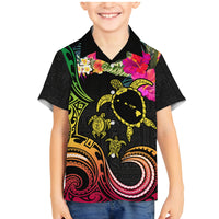 Hawaii Turtle Day Family Matching Mermaid Dress and Hawaiian Shirt Polynesian Tattoo and Hibiscus Flowers LT03 Son's Shirt Black - Polynesian Pride