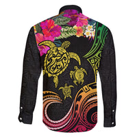 Hawaii Turtle Day Family Matching Off The Shoulder Long Sleeve Dress and Hawaiian Shirt Polynesian Tattoo and Hibiscus Flowers