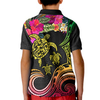 Hawaii Turtle Day Kid Polo Shirt Polynesian Tattoo and Hibiscus Flowers