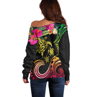 Hawaii Turtle Day Off Shoulder Sweater Polynesian Tattoo and Hibiscus Flowers